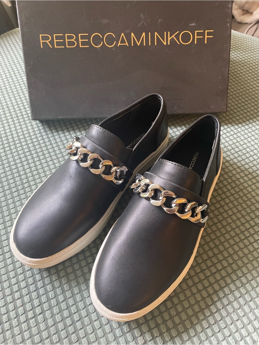Rebecca Minkoff Black Slip-On Loafers with Silver Chain Accent